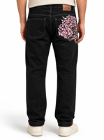 Jean en denim noir de haute qualité pour homme, coupe large, de créateur, brodé, avec bordure brute en denim mousse texturé rose, style streetwear