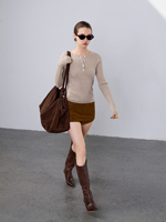 Pull Henley élégant en cachemire pur à 100 %, tricot fin côtelé léger, coupe ajustée pour femme, manches longues, col basique, doux et chaud pour l'hiver