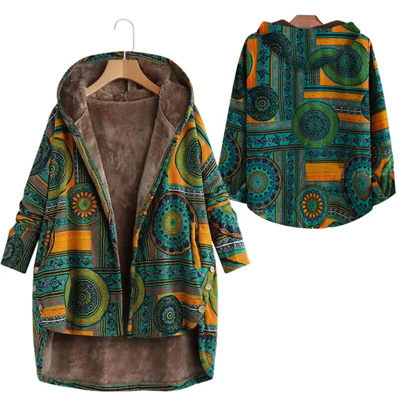 Women Winter Floral Printed Coat Vintage Plus Size Loose Casual Jackets Plus Velvet Thick Warm Hooded Fashion Coat