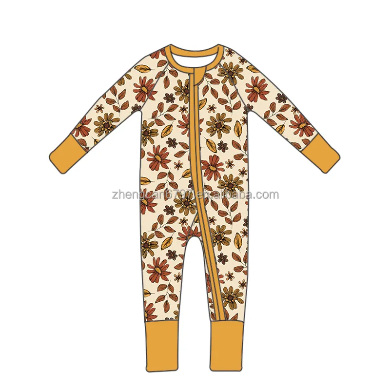 Sonbahar bambu bebek Bodysuit 18 ila 24 ay tek parça fermuar pijama kızlar için Maple Leaf baskılı sıcak tulum tulumları için