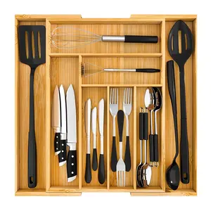 Soporte para cajón de cubiertos de cocina, bandeja para cubiertos, utensilio extensible, organizador de cajones de cocina de bambú de lujo