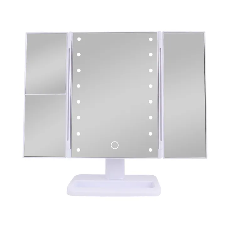 Custom rectangle tabletop 360 trifold cosmetic white standing mirror 3 sided three way led glass vanity mirror with lamp