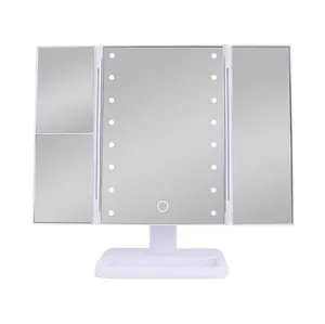 Custom Rechthoek Tafelblad 360 Drievoudig Cosmetisch Wit Staande Spiegel 3-zijdige Drieweg Led Glas Make-Up Spiegel Met Lamp