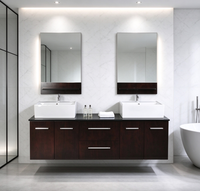 Meuble-lavabo mural moderne marron avec double vasque en céramique, armoire en contreplaqué et miroirs LED