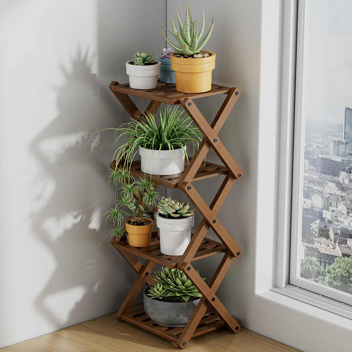 Bamboo Foldable Flowerpot 4-layer Flower Racks Floor-standing Plant ...