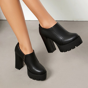 Botines Negros de Tacón Grueso con Plataforma, Punta Redonda, Antideslizantes, de PU, para Todas las Temporadas, Envío Directo - Product Image 3