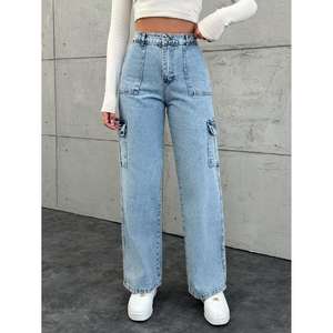 Jeans cargo stretch en denim bleu clair taille haute pour femmes 6 poches Look propre Solide Haute qualité Tailles 26-40 - Product Image 1