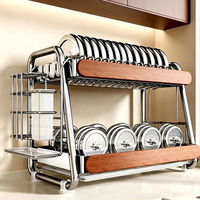Étagère à vaisselle portable en acier inoxydable de style rétro, nouvelle conception chinoise, non pliable, à double niveau, avec panneaux latéraux en chêne pour le rangement des couteaux/baguettes