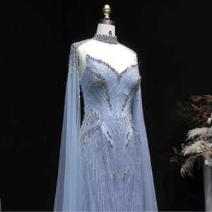 Jancember LSZ151 Luxury Blue Evening <strong>Dress</strong> Mermaid Beaded Prom Gown With Cape Sleeve Party - Product Image 3