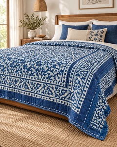 Cubrecama Kantha con Estampado Floral Azul Paisley, 90×108 Pulgadas, para Cama Doble, Estilo Boho, Hecho a Mano, Colcha de Algodón Indio Vintage - Product Image 2