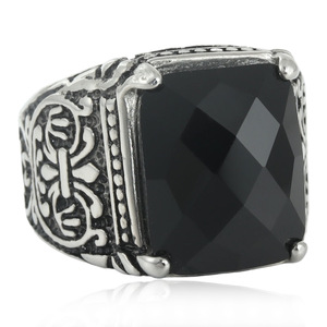 Men's <b>Titanium</b> Steel <b>Ring</b> <b>Black</b> Stone Geometric Design Prong Setting Punk Style Fashion Jewelry Gift - Product Image 5