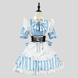 Japanese Akihabara Sweet Striped Maid Outfit Cosplay Lolita Style Plus Size Light Blue Polyester Costume - Product Image 2