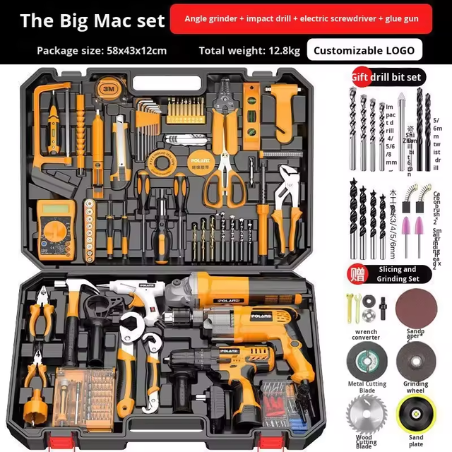 Full Set Electric Drill Toolbox Kit with Multi-function Angle Grinder-Household Home Tools