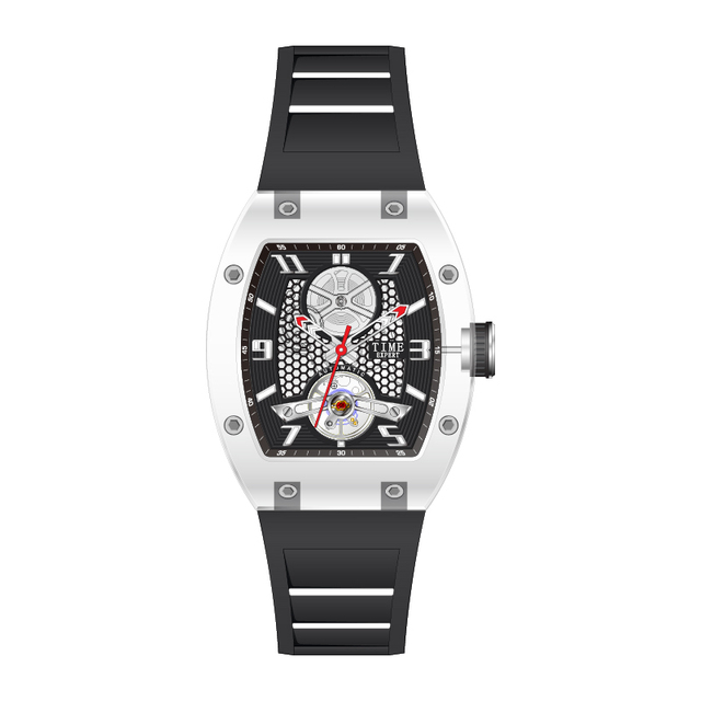 OEM Men's Sport and Fashion Mechanical Watch with Transparent Square Case Glass Dial Window and Silicone Band Pointer Display