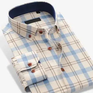 100% Cotton Long Sleeve Contrast Plaid Checkered Shirt without Pocket Design Casual regualr-fit Button Down Shirts Men's