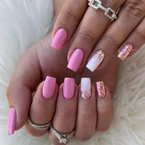 New style OEM Wholesale Press on nails medium length pink and shiny fragments artificial Fingernails