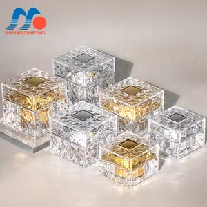 Frascos de creme cosmético acrílico para cuidados com a pele, 15g, 30g, 50g, formato de cristal transparente quadrado dourado