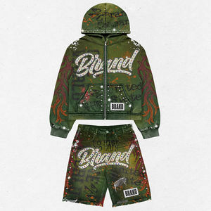 Ensemble survêtement boxy pour homme avec sweat à capuche zippé en strass et short délavé à l'acide, broderie appliquée, style streetwear personnalisé - Product Image 1