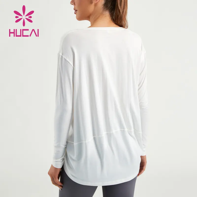 Hucai Custom Hoge Kwaliteit Kasjmier Modaal Katoen Drop Shoulder Lange Mouw Oversized V Nek Workout Hardloop Gym T-Shirt Voor Vrouwen