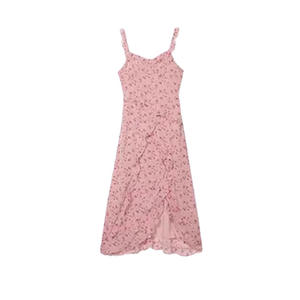 Vestido de Verano Rosa Dulce, Silueta en A, Cuello Cuadrado, Falda Larga con Abertura, Transpirable, Poliéster/Algodón - Product Image 5