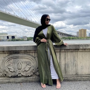 1926# Latest Organza Satin Abaya With <b>Balloon</b> Sleeves Open Abaya Modesty Solid Color Abayas Clothing 11 Colors - Product Image 2