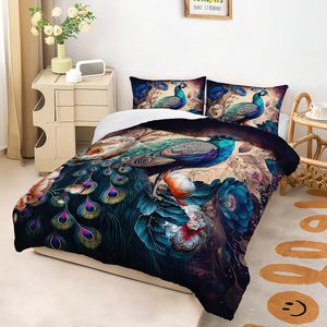 Bohemian Style Twin <strong>Comforter</strong> Set Blue Peacock on Striped Vintage Pattern 300TC 1 Quilt <strong>2</strong> Pillowcases for Girls' Bedroom - Product Image 2