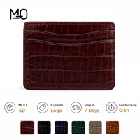 Porte-cartes en cuir rouge bordeaux texture crocodile, portefeuille fin avec fente incurvée pour logo personnalisé, vente en gros, fourniture OEM