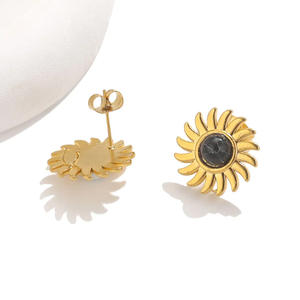 أقراط مرصعة بزهرة عباد الشمس من الفولاذ المقاوم للصدأ مع إطار من الحجر الطبيعي وحلقة مفتوحة للأقراط سهلة الاستخدام إكسسوارات صناعة المجوهرات - Product Image 2