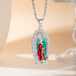 Elegante Collar <span class=keywords><strong>de</strong></span> <span class=keywords><strong>la</strong></span> <span class=keywords><strong>Virgen</strong></span> <span class=keywords><strong>de</strong></span> Guadalupe, Colgante Religioso con Cadena Figaro Esmaltada, Tono <span class=keywords><strong>Oro</strong></span>/Plata, Borde <span class=keywords><strong>de</strong></span> Circonitas, Joyería para Mujer, Regalo - Product Image 4