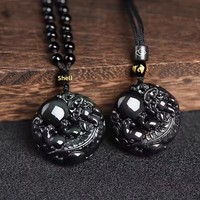 Collier Pendentif Pixiu en Obsidienne Naturelle Unisexe, Attire la Richesse et Équilibre la Fortune, Protection, Chaîne en Bambou, Minimaliste