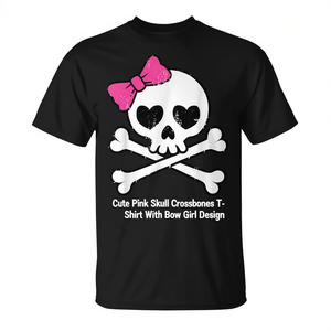 T-shirt rose mignon avec motif de crâne et os croisés, design fille avec nœud, noir, unisexe, taille M - Product Image 2