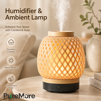 Humidificateur d'ambiance en bambou tressé pour une nuit douillette, avec lumière apaisante et brume silencieuse, idéal pour chambre à coucher, chevet, salon, bureau à domicile