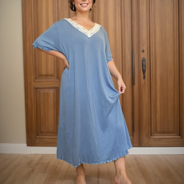 Light Blue Soft Knitted Dress with Lace Trim Women's Casual Lounge Wear for Daily Home Use Sleepwear