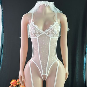 Body en dentelle et résille pour mariée avec jarretelles et voile, lingerie de <span class=keywords><strong>mariage</strong></span> pour femme - Product Image 1