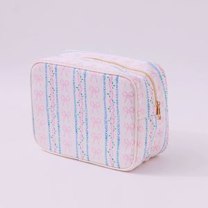 Grande trousse de maquillage personnalisée en coton imperméable avec fermeture éclair, motif nœud imprimé, style Coquette, réutilisable, pour filles - Product Image 2