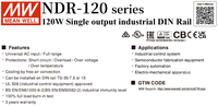 Alimentation électrique CC sur rail DIN NDR-120-24 Mean Well, simple sortie 120W 24V 5A avec PFC actif pour contrôle industriel