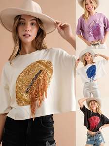 Fuzzy Game Day Fútbol <span class=keywords><strong>Lentejuelas</strong></span> Bordado <span class=keywords><strong>Camiseta</strong></span> corta Top para mujer - Product Image 6