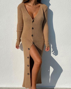 High Quality Autumn Winter Women's Loose Fit Long Sleeve Cardigan <strong>Dress</strong> Sexy V Neck Button Knitted Sweater <strong>Dress</strong> - Product Image 2