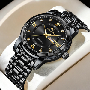 Fashion Mens Luxury Gold Watch Diamond Studded Dial Roman Numeral Quartz Wristwatch with Day Date for Gift - Product Image 6