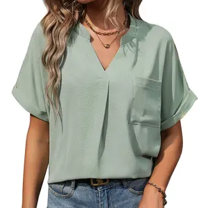 Banliyö rahat cep kazak gömlek 2024 yaz amerikan düz renk kadın ayakta yaka bluz tek parça Minimum sipariş