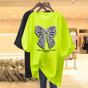 T-<span class=keywords><strong>Shirt</strong></span> Streetwear Ample – Jersey de Coton Doux avec Motif Nœud en <span class=keywords><strong>Dentelle</strong></span>, Conception Épaules Tombantes pour <span class=keywords><strong>Femme</strong></span> Style Urbain - Product Image 2