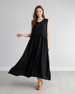 Vestido Maxi sin Mangas de Lino y Algodón Ecológico Personalizado para Mujer, Cuello en V, Corte Regular, Cintura Natural, Ropa Casual de Verano - Product Image 2