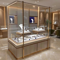 Vitrine de présentation de bijoux en bois et or de luxe avec éclairage LED, vitrine en verre commerciale pour magasin de détail haut de gamme