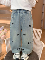Jean en denim délavé à jambe large pour filles, avec broderie de nœud noir et paillettes éclaboussantes, coupe décontractée