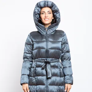 women winter padded long jacket quilted with fixed hood and detachable belt