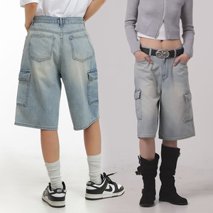 Haute qualité poids lourd été bleu clair lavé Denim Cargo bouton matériel sport femmes Jeans <span class=keywords><strong>court</strong></span> <span class=keywords><strong>Jean</strong></span> <span class=keywords><strong>Court</strong></span> Femme - Product Image 1