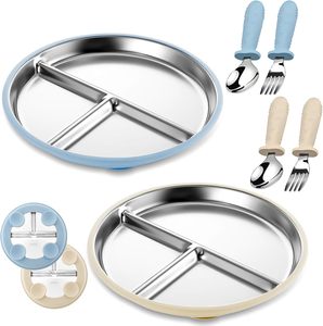 Plato de Acero Inoxidable para Bebé con Succión, Antideslizante, No Tóxico, con Compartimentos y Mangas de Silicona Extraíbles para Niños - Product Image 1
