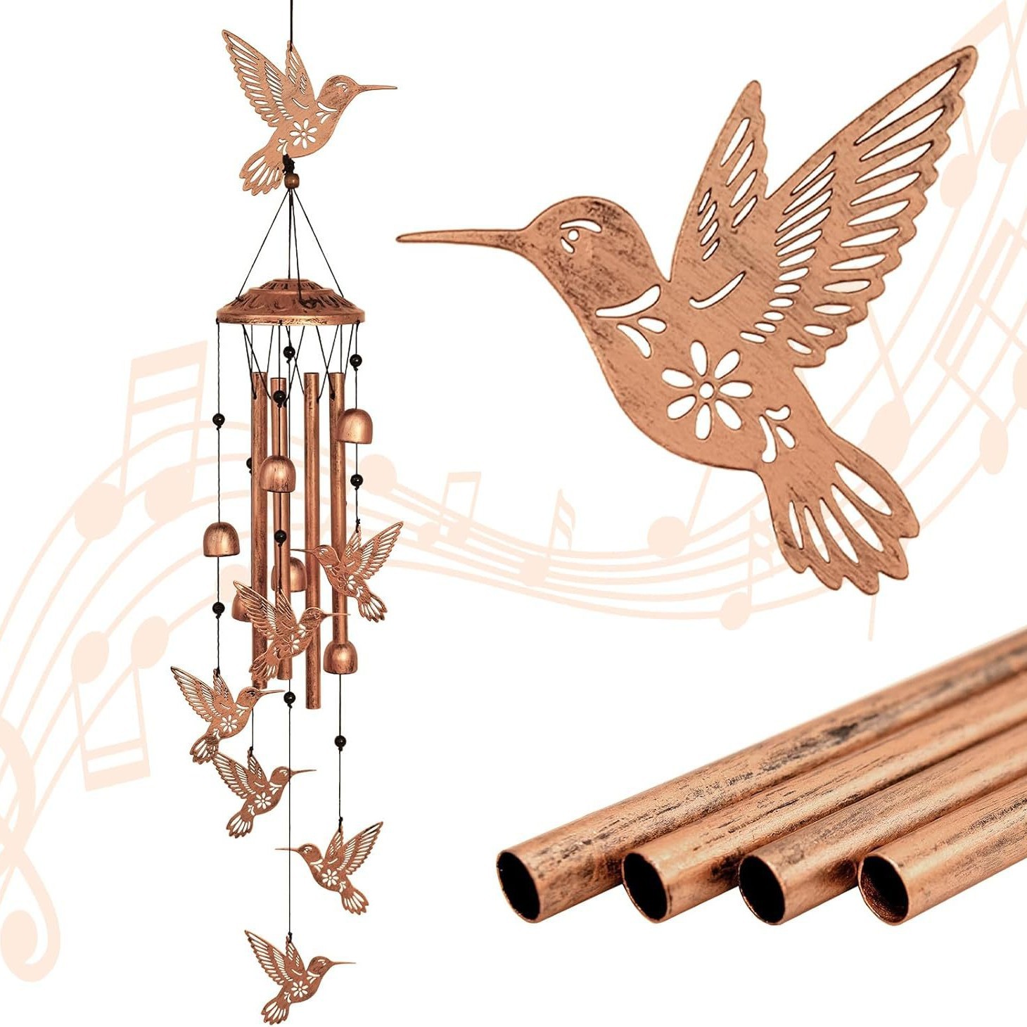 34 inch wrought iron wind chimes-hummingbird