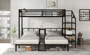 Lits superposés triples en métal noir avec escalier de rangement pour 3 adultes, design industriel moderne, idéal pour hôtels et écoles, parfait pour petites chambres - Product Image 2