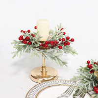 Nouvelle couronne de bougies de Noël rouge aux baies, support de bougie, décoration de chandelier, anneau de feuilles de pin artificielles, décoration de bouteille de vin de table